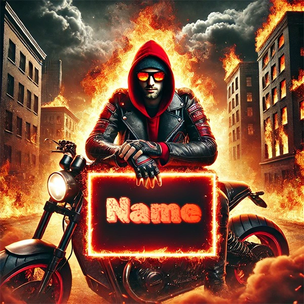 Personaliza tu imagen dramática con tu nombre en moto y ciudad ardiente