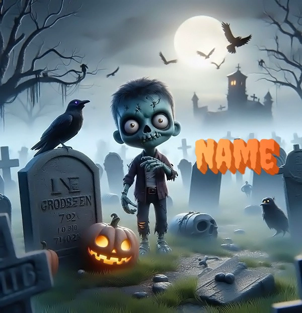 Personaliza con tu nombre un zombie adorable en un cementerio