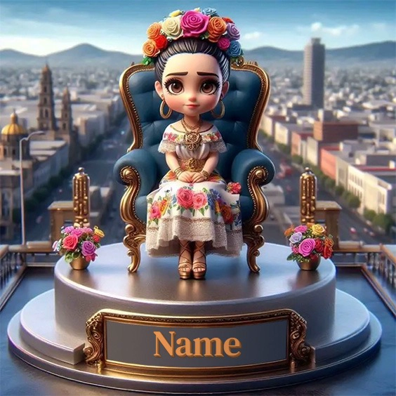 Personaliza tu ilustración 3D de mujer en trono con flores