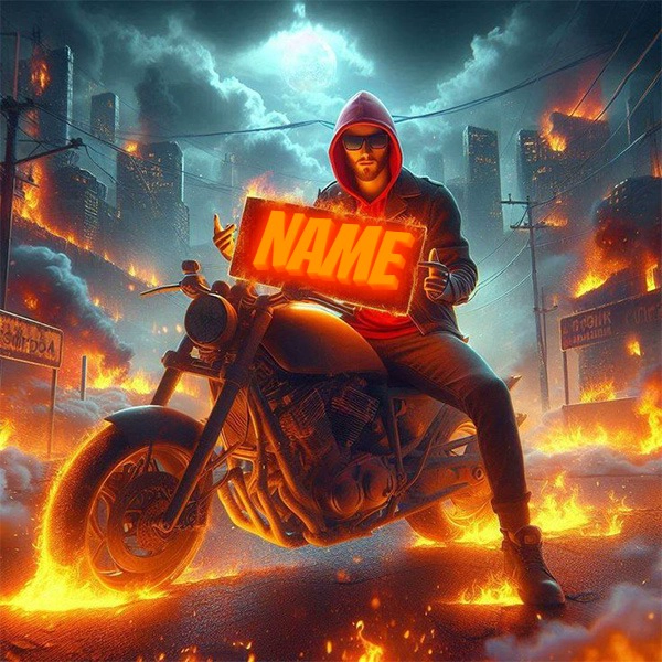 Personaliza tu imagen: motociclista en llamas en ciudad destruida