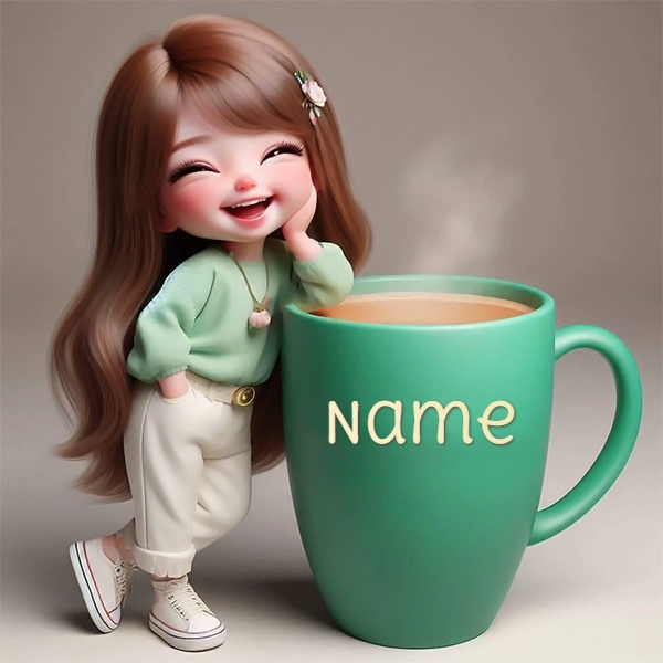 Plantilla de imagen personalizable: muñeca sonriente y taza verde