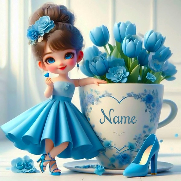 Plantilla de imagen azul personalizable con muñeca y flores encantadoras