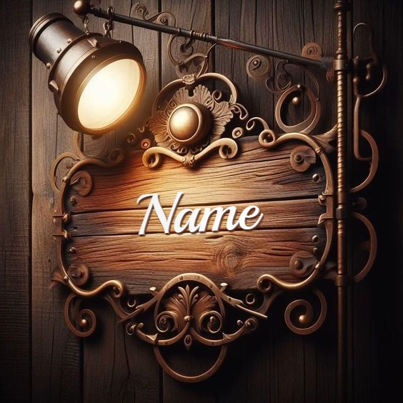 Cartel de madera con marco metálico dorado en pared rústica