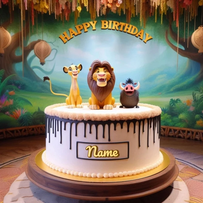 Personaliza tu pastel del Rey León con tu nombre en un vibrante escenario selvático