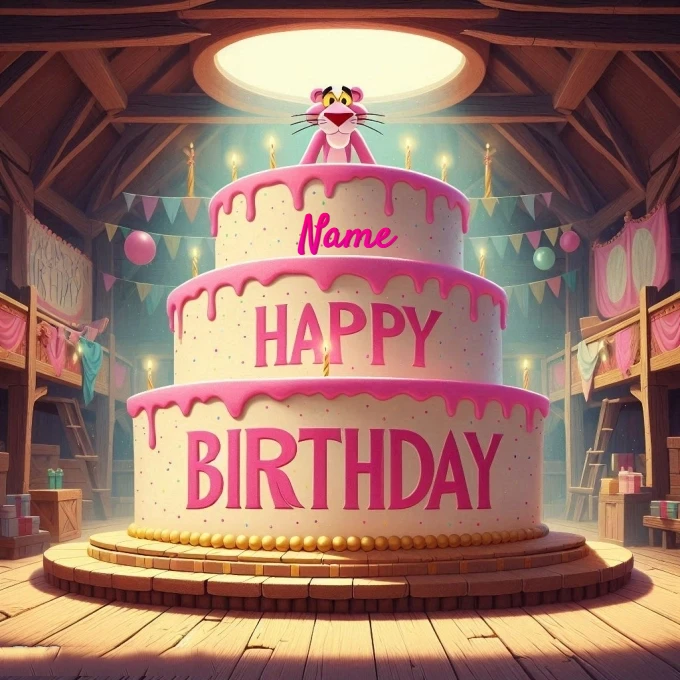Personaliza con tu nombre un alegre pastel de cumpleaños con Pink Panther