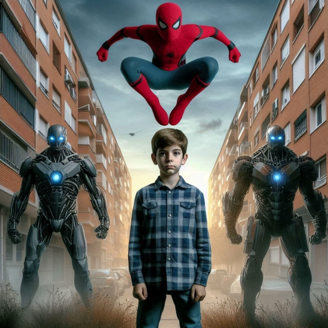 Transforma tu rostro en el héroe rodeado de robots y Spider-Man