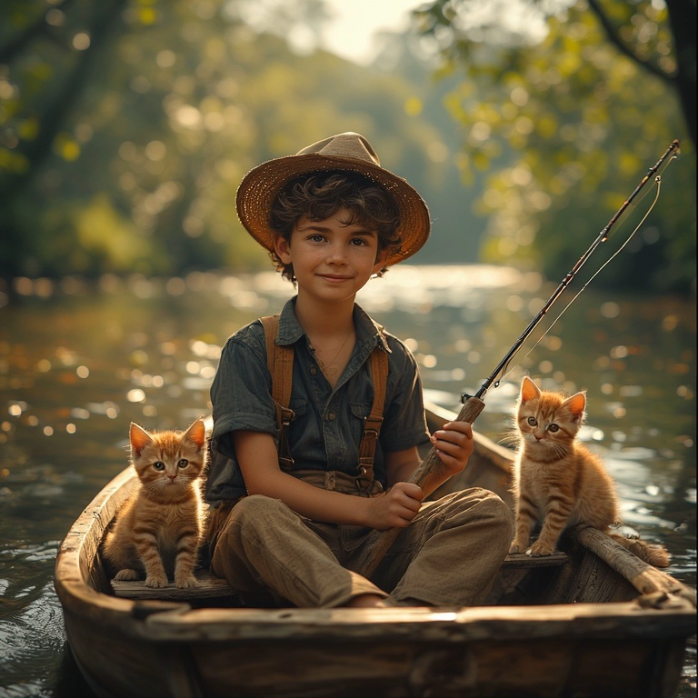 Navega en un río soleado con dos gatitos y un sombrero de paja