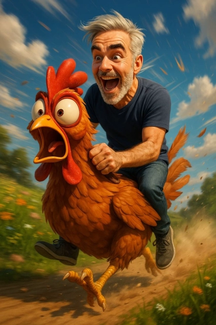 Descubre cómo sería montar una gallina gigante con tu rostro