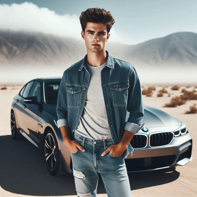 Cambia tu rostro por el de un joven elegante junto a un BMW
