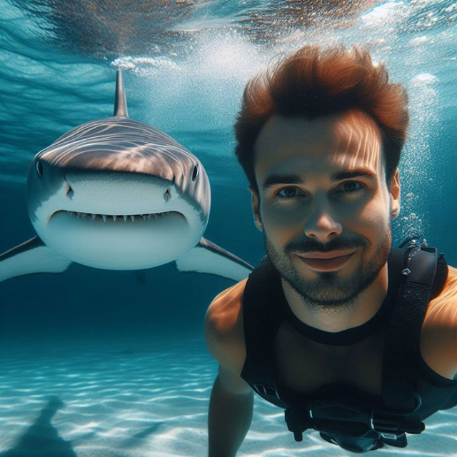 Cambia tu rostro con el valiente buzo junto al tiburón