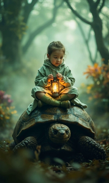 Descubre la fantasía: niña sobre una tortuga gigante