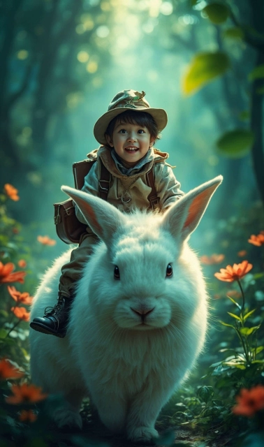 Vive la aventura: niño en un conejo blanco gigante