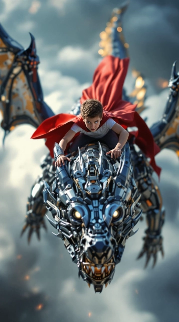 Niño en capa roja vuela en dragón robótico: ¡hazlo real!