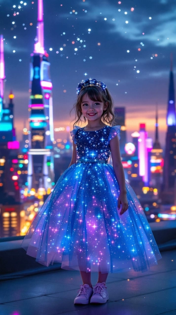 Niña con vestido azul brillante en ciudad futurista