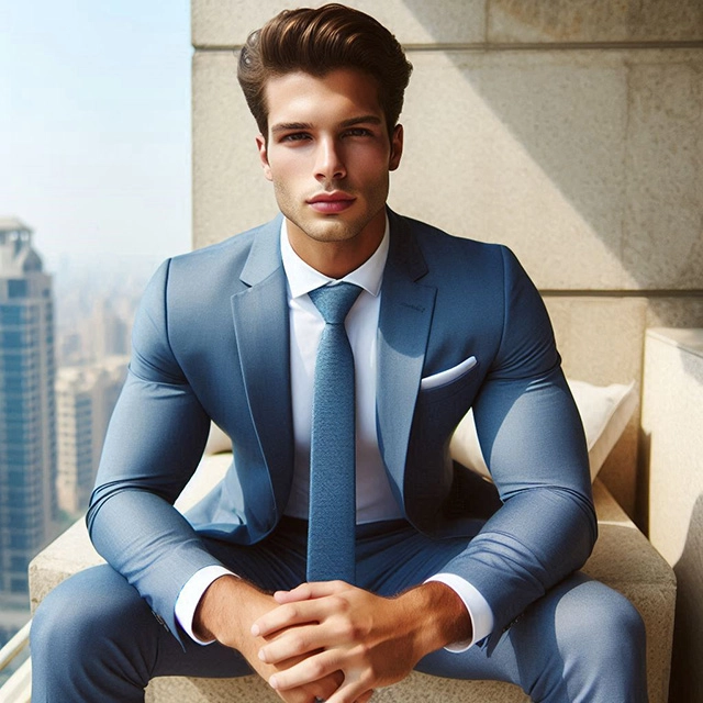 Transforma tu foto con nuestro elegante modelo en traje azul