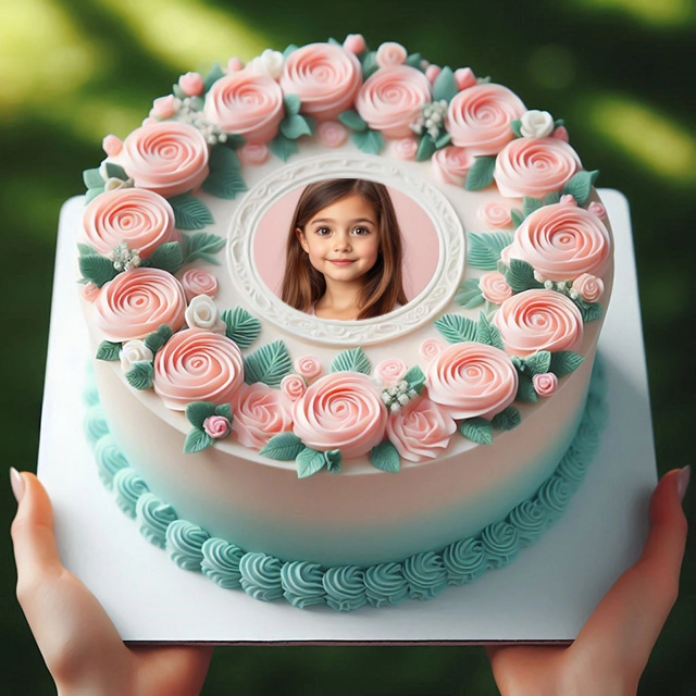 Inserta tu foto en el marco de pastel bicolor con rosas y hojas