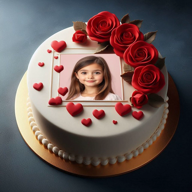 Inserta tu foto en un marco de pastel blanco con rosas y corazones