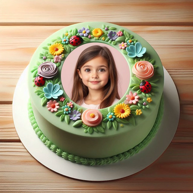 Enmarca tu foto en un pastel verde con flores y mariquitas