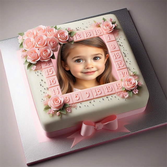 Inserta tu foto en el marco del pastel blanco con rosas y cinta