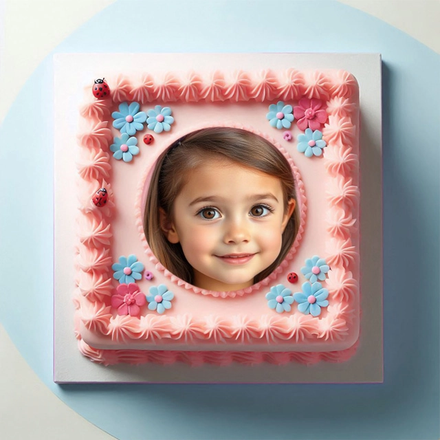 Inserta tu foto en un marco de pastel rosa con mariquitas