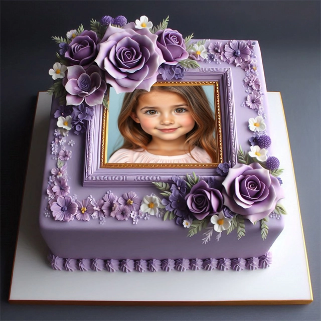 Inserta tu foto en un marco de pastel lavanda con flores de fondant
