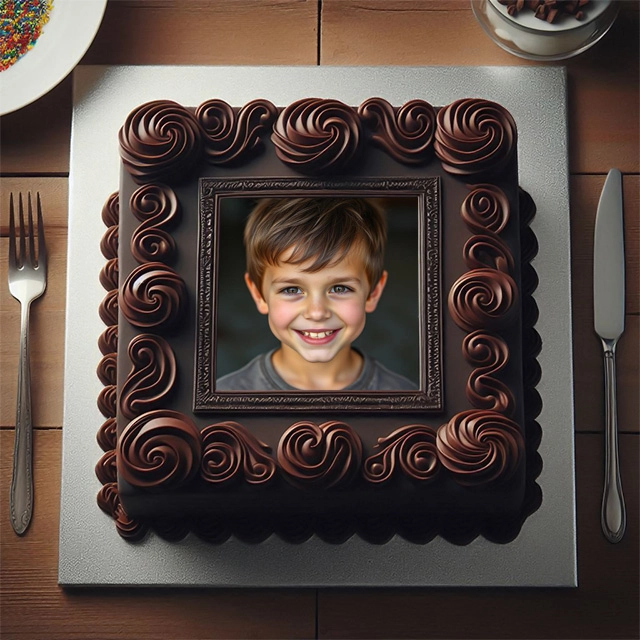 Inserta tu foto en un marco de pastel de chocolate cuadrado