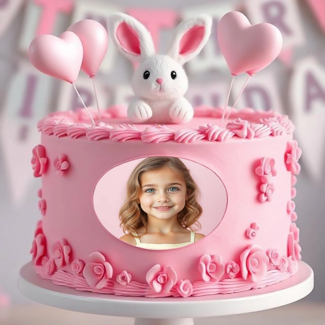 Personaliza tus fotos con marco de pastel rosa y conejito adorable