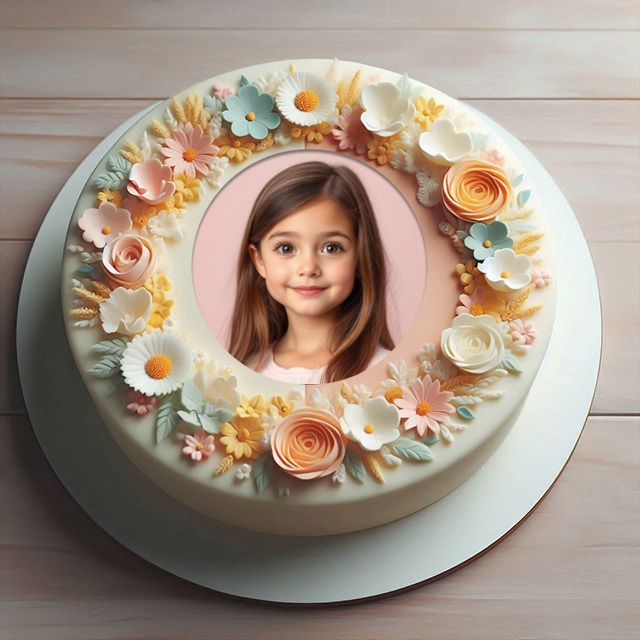 Inserta tu foto en el marco de pastel con flores de fondant pastel