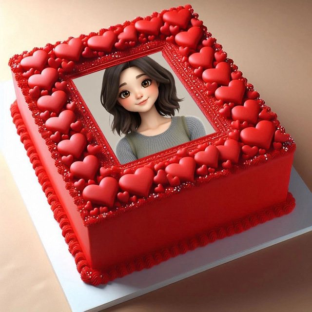 Inserta tu foto en un marco de pastel rojo con corazones y chispas