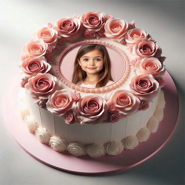 Inserta tu foto en un marco elegante con rosas de fondant y glaseado