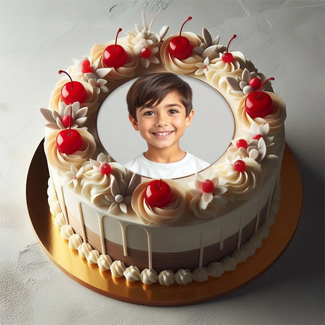 Inserta tu foto en un marco de pastel con glaseado y cerezas