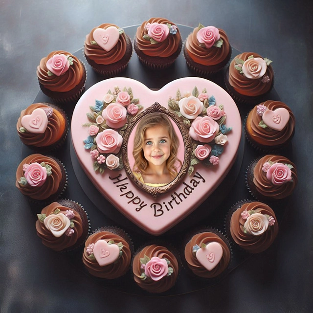 Celebra con un marco de pastel en forma de corazón y cupcakes