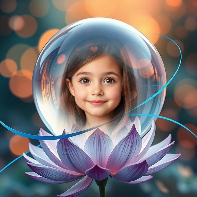 Inserta tu foto en un marco mágico con flor de loto y burbuja