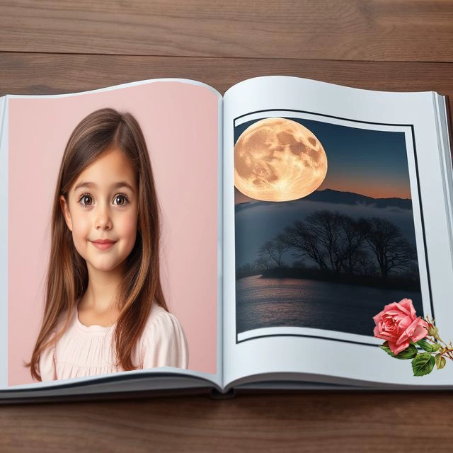 Personaliza tus fotos en un marco de libro abierto con paisaje lunar