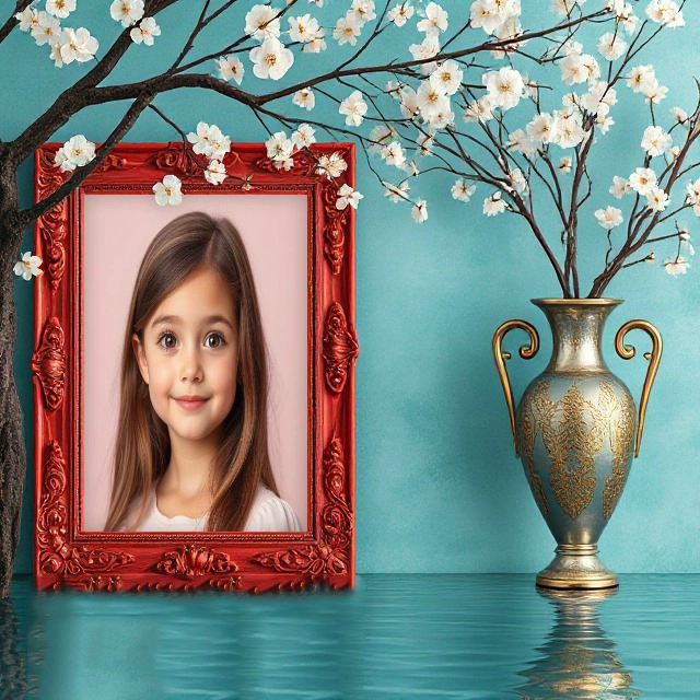 Inserta tu foto en un marco barroco rojo sobre agua turquesa