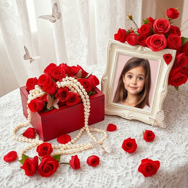 Inserta tu foto en un marco vintage con rosas rojas y corazón