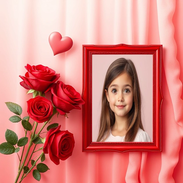 Inserta tu foto en un marco clásico rojo con rosas y corazón rosa