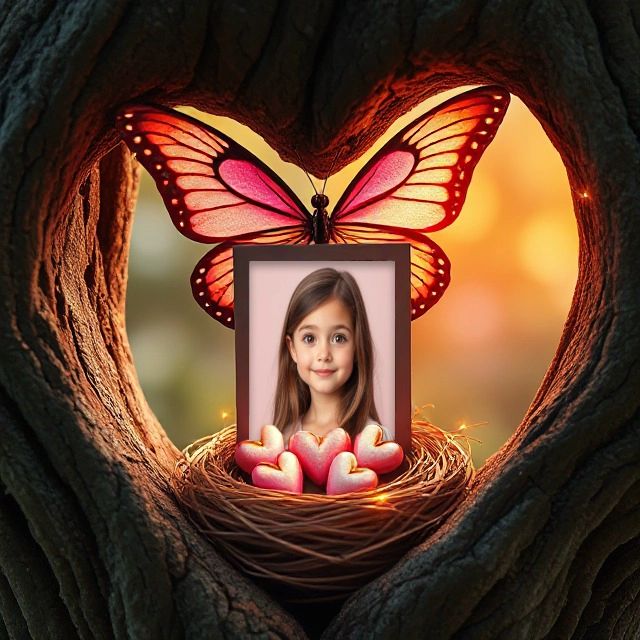 Inserta tu foto en un marco de nido con corazones y mariposa
