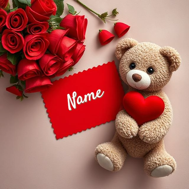 Personaliza tu mensaje en una imagen con osito y rosas rojas