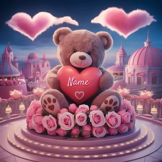 Personaliza imagen de osito con rosas y nubes en el cielo rosa