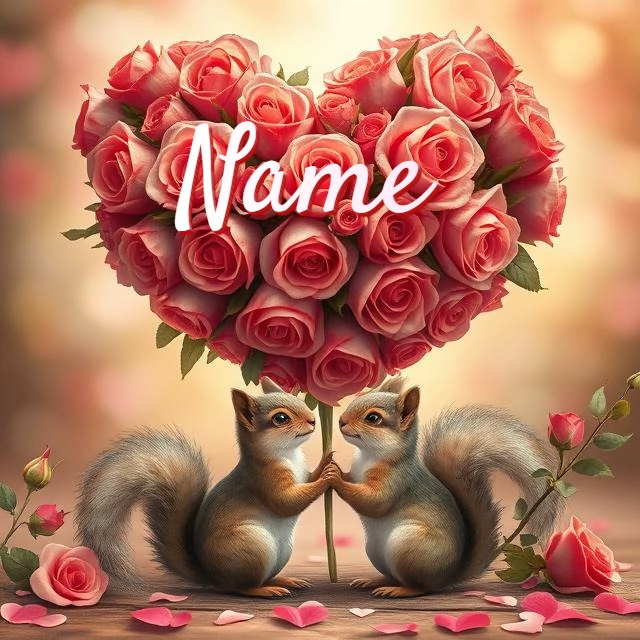 Personaliza con tu nombre imagen de ardillas y ramo en forma de corazón