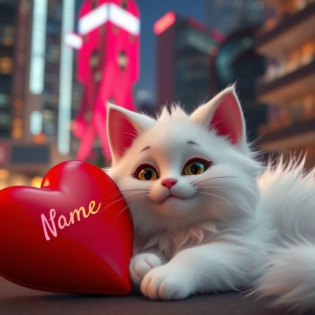 Personaliza una imagen de un gato blanco con corazón rojo