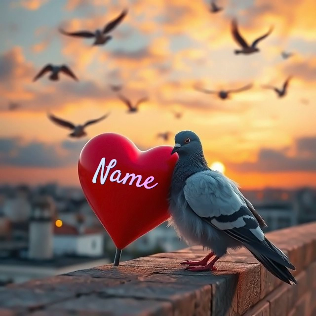Personaliza la imagen del atardecer con paloma y corazón rojo