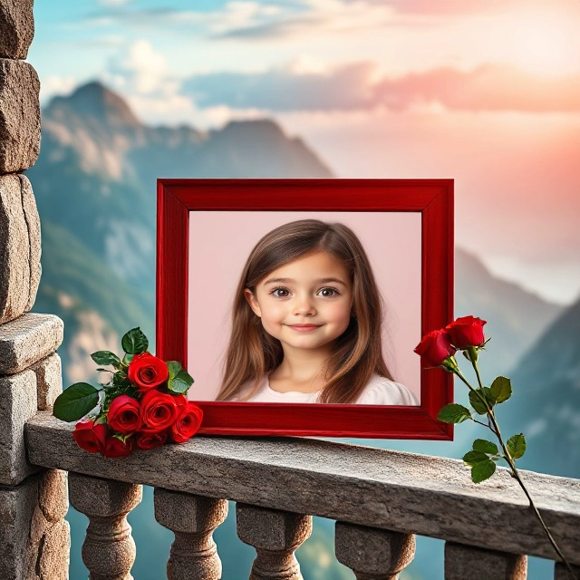 Inserta tu foto en un marco rojo clásico con vista a montañas azules
