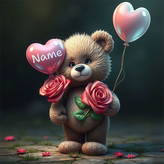 Personaliza con tu nombre el tierno oso con rosas y globo rosa