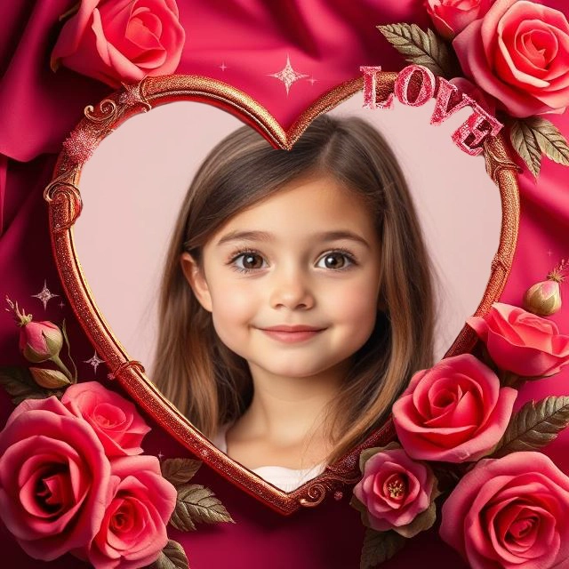 Personaliza tu foto con un marco de corazón dorado y rosas rojas