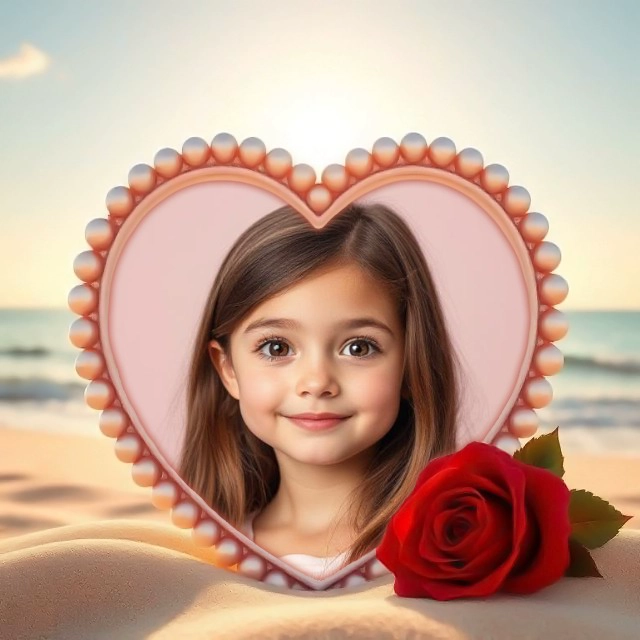 Personaliza tus fotos con un marco de corazón perlado en la playa