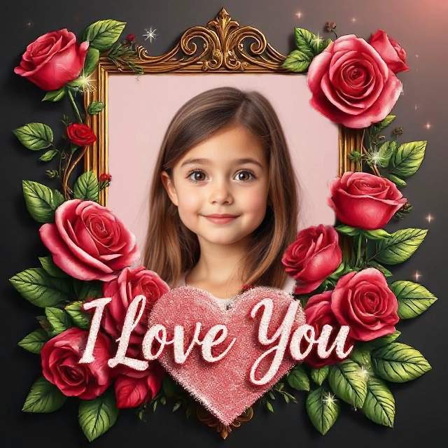 Personaliza tus fotos con un marco dorado de rosas y corazón "Te Amo"