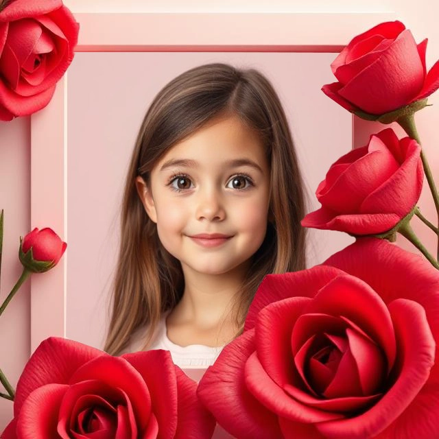 Inserta tu foto en un marco rosa con rosas rojas vibrantes