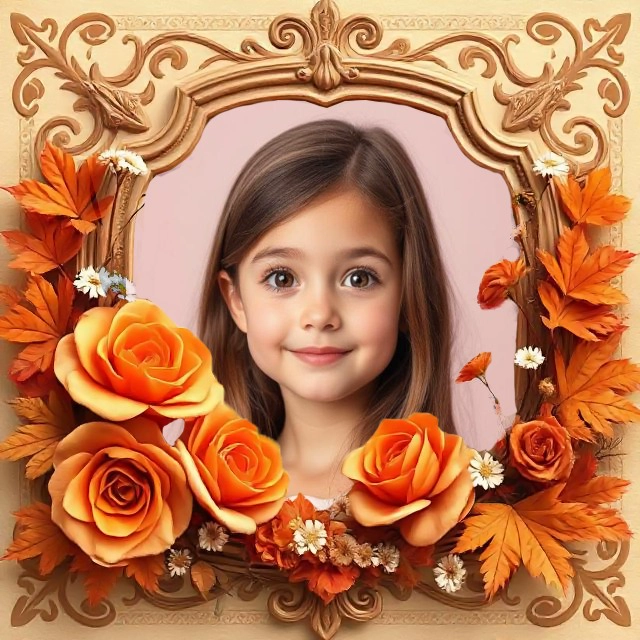 Inserta tu foto en un marco dorado con rosas otoñales vibrantes